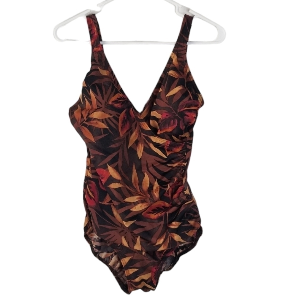 Miraclesuit One Piece Brown/Red Tropical Swimsuit Tummy Control Slimming Size 10